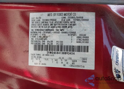 2003 Ford Windstar Limited z USA, uszkodzony, nr VIN 2FMDA58413EB93454